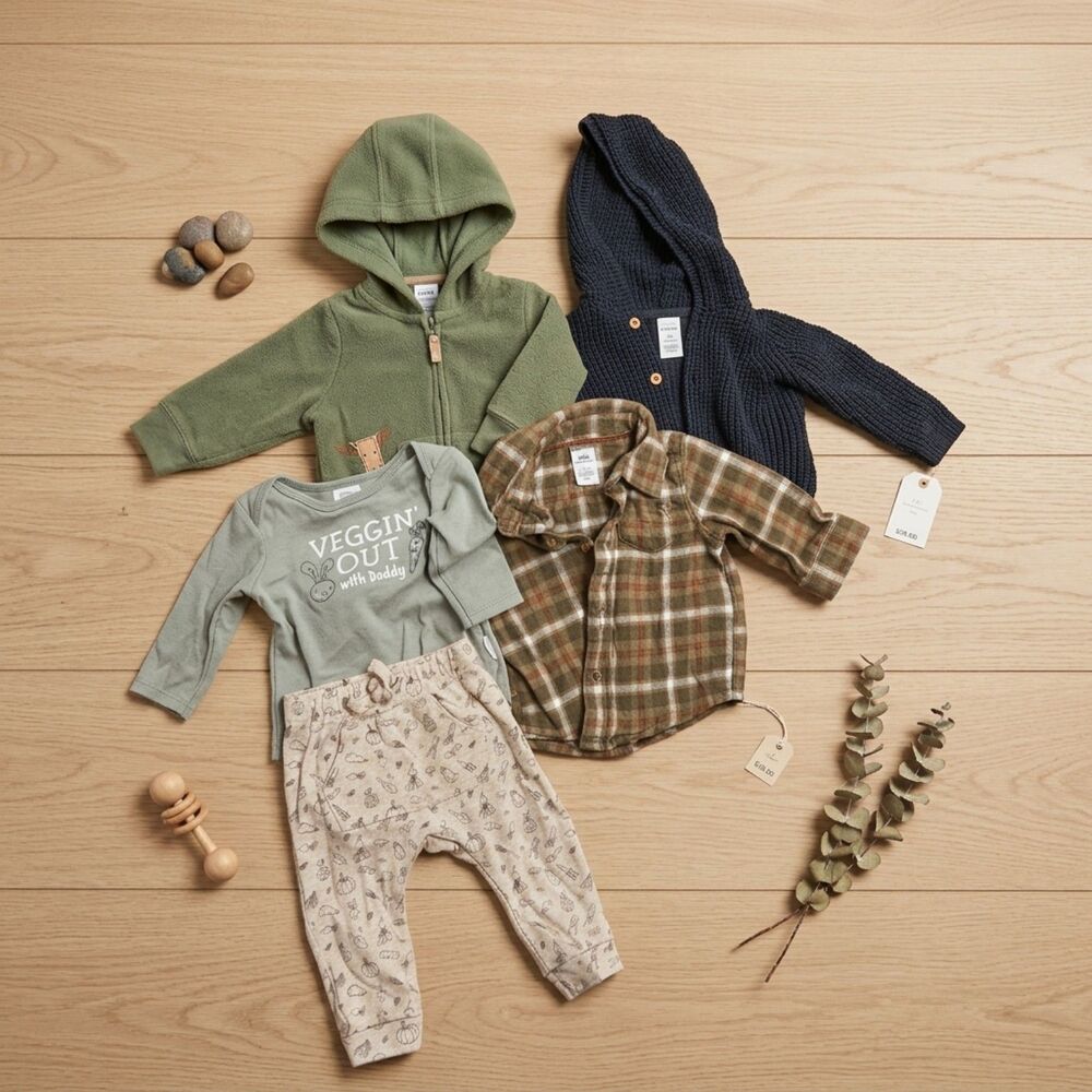 Carter's Rabbit + Bear Baby Boy Fall Clothes Bundle 5pc Flannel Hoodie 3M 3-6M